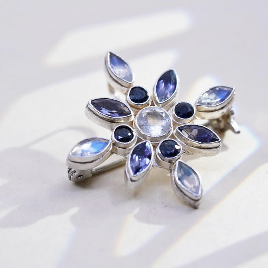 Sterling Silver Moonstone & Iolite Starburst Brooch Pendant, 925 Flower Pin