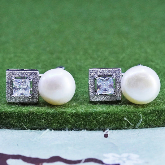 Vintage sterling silver earrings, 925 studs with pearl and cz