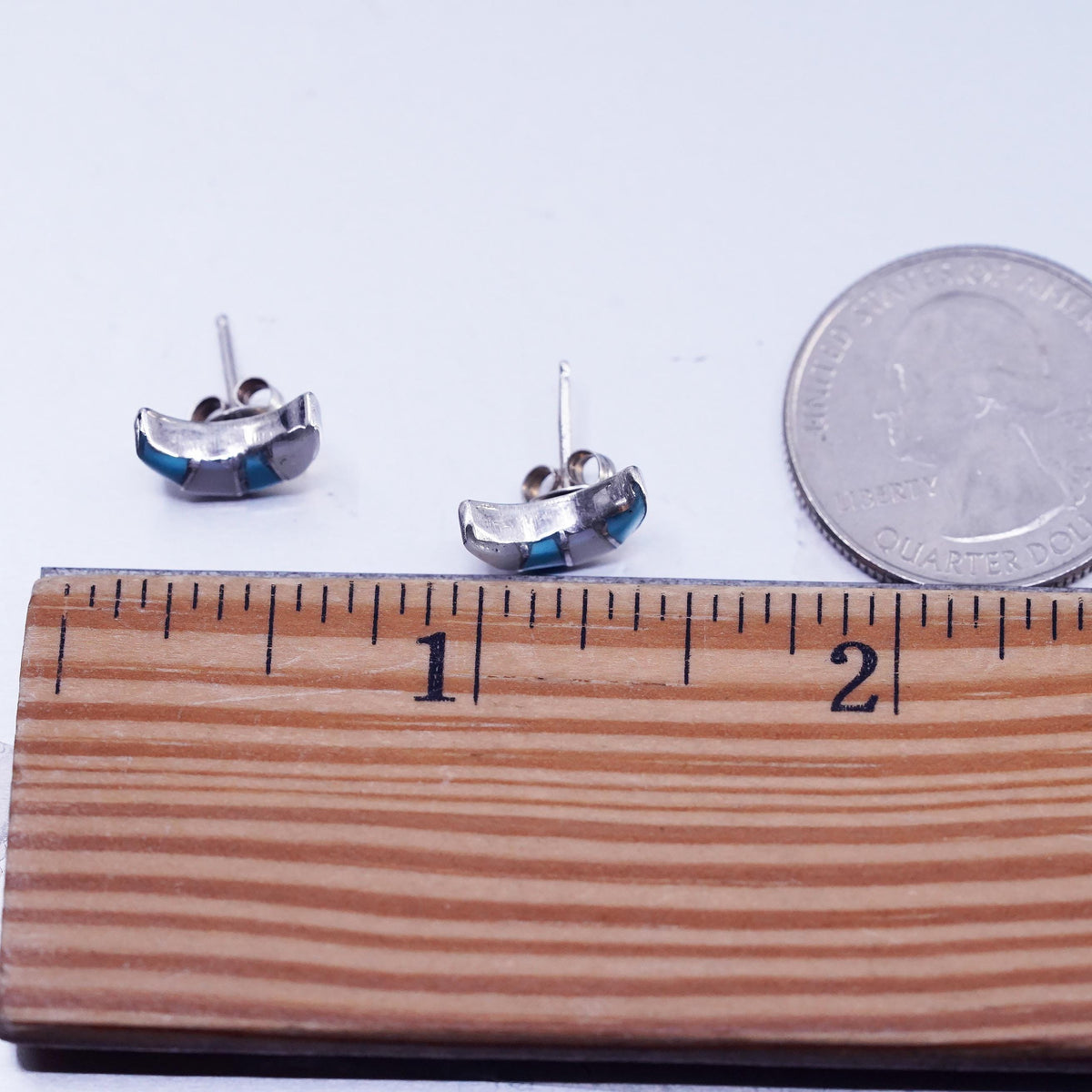 Native American Zuni Sterling 925 silver earrings, moon studs turquoise lapis