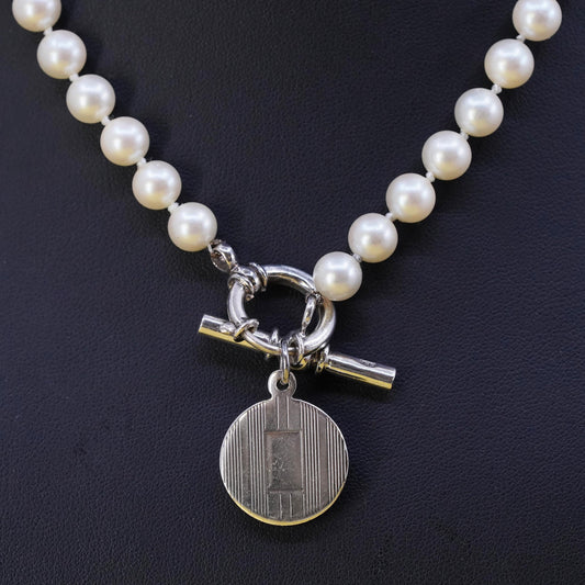 16", VTG Sterling silver necklace, 925 tag pendant 7mm freshwater pearl beads