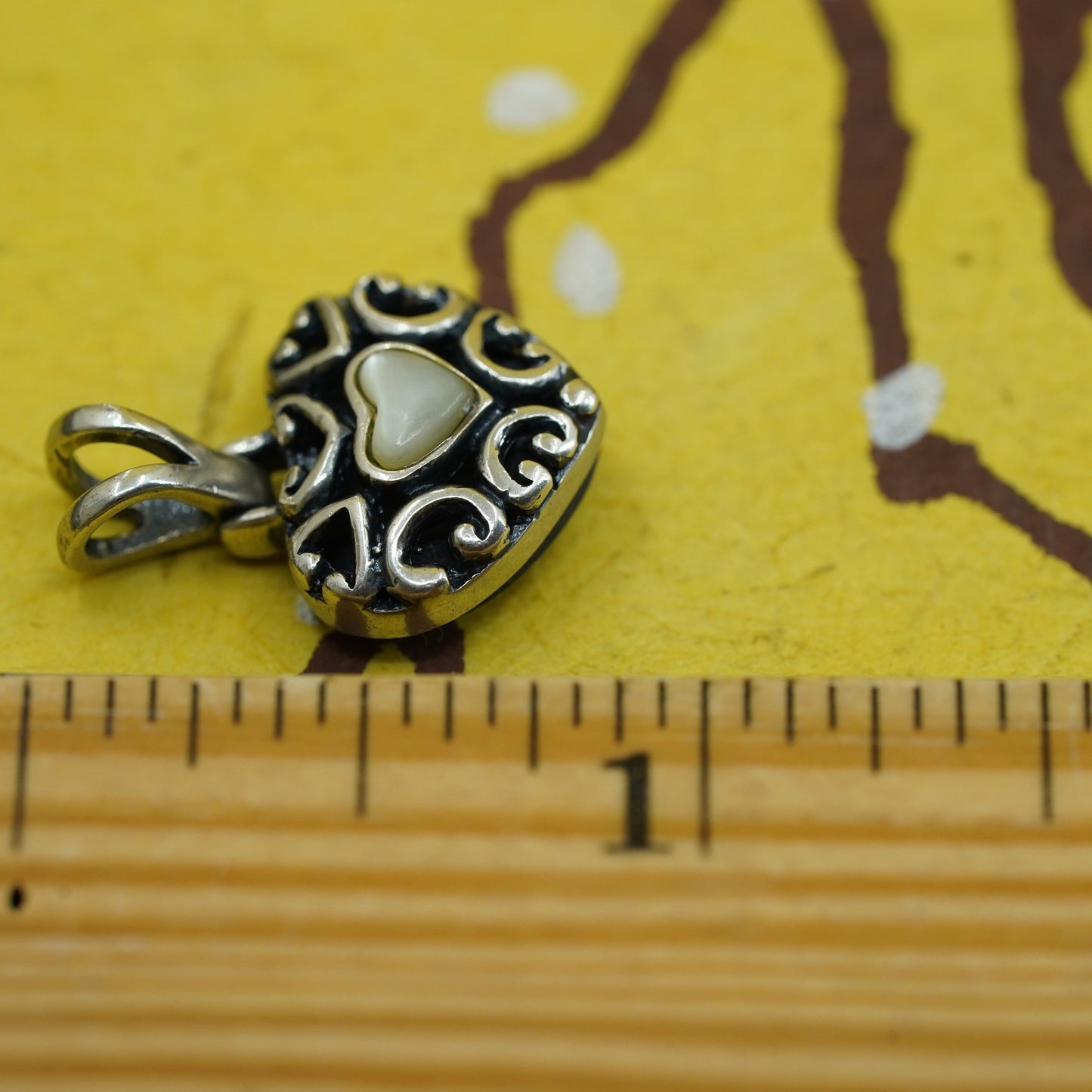 Sterling silver pendant, 925 double sided heart with mother of pearl onyx inlay