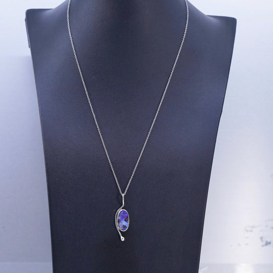 19", vintage Sterling 925 silver circle necklace with blue lapis lazuli pendant