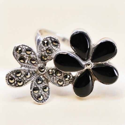 Size 8.25, vintage Sterling 925 silver handmade flower ring with onyx marcasite