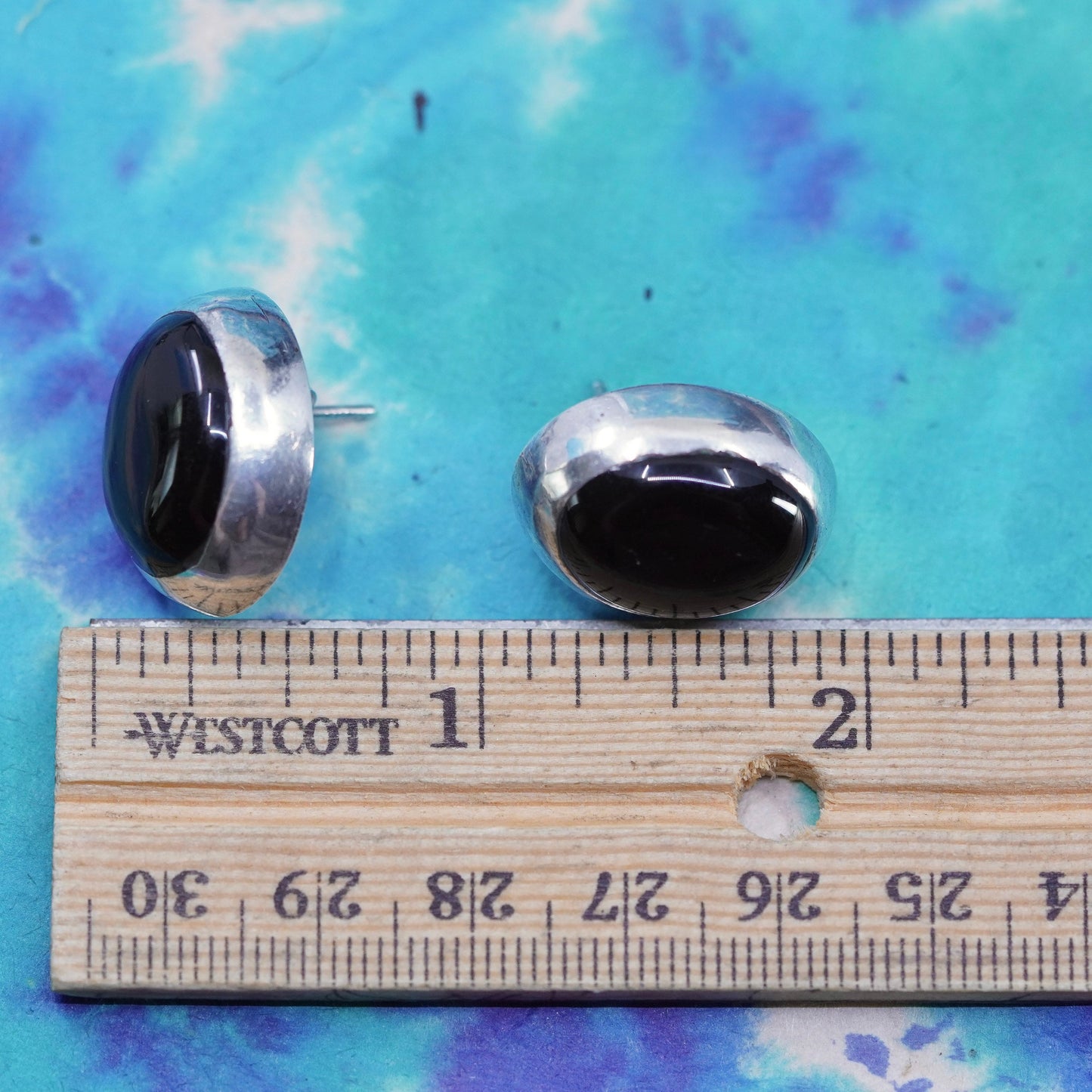 mexico Sterling silver earrings, studs, huge 925 heart studs with black onyx