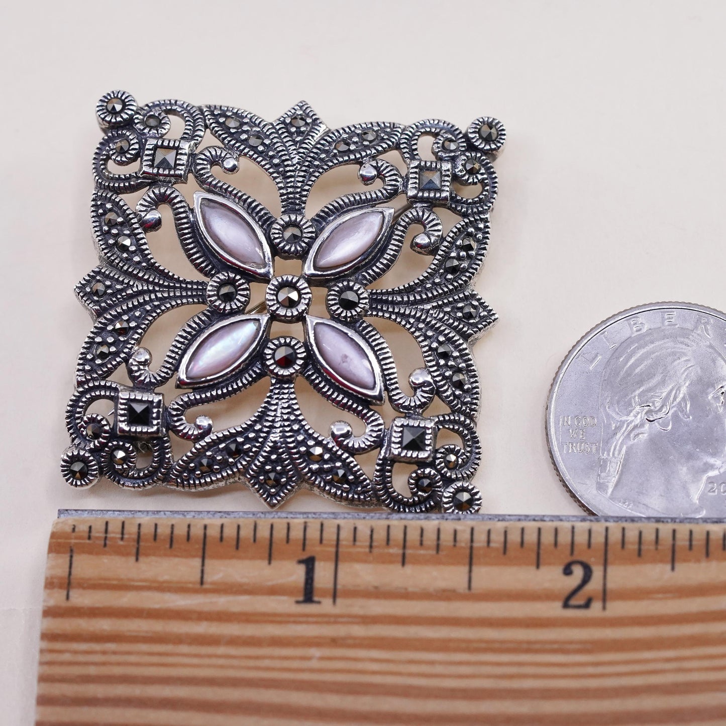 1.5”, Sterling silver brooch, 925 butterfly pendant mother of pearl marcasite