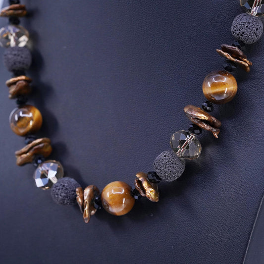 18+1”, Tiger’s Eye, Baroque Pearl sterling silver 925 Necklace Lava Stone Beads