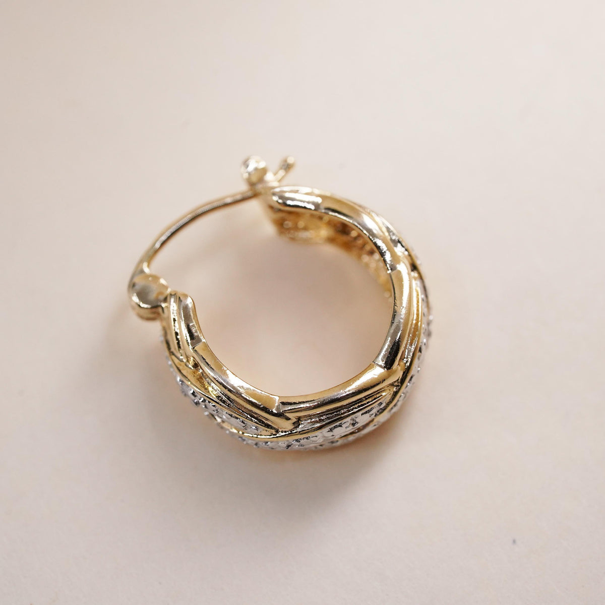0.5", Vintage vermeil gold over sterling silver single earring, hoop diamond