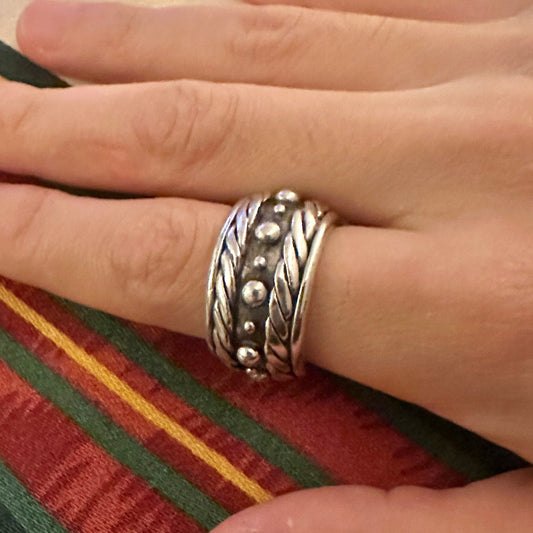 size 6.75, vintage Sterling silver handmade ring, 925 wide band with beads