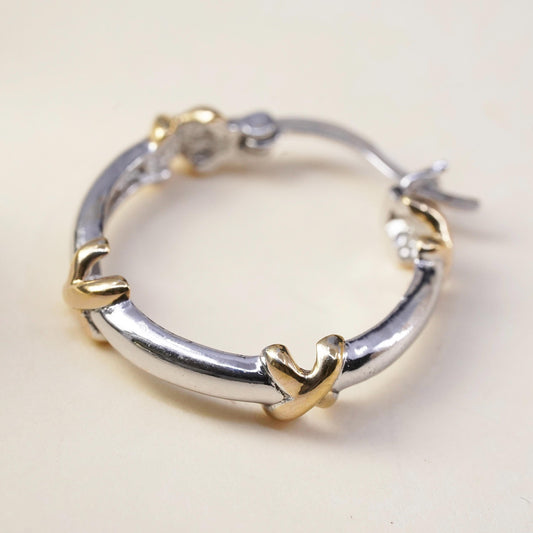 0.75", Vintage two tone sterling silver loop single earring, hoop with cross
