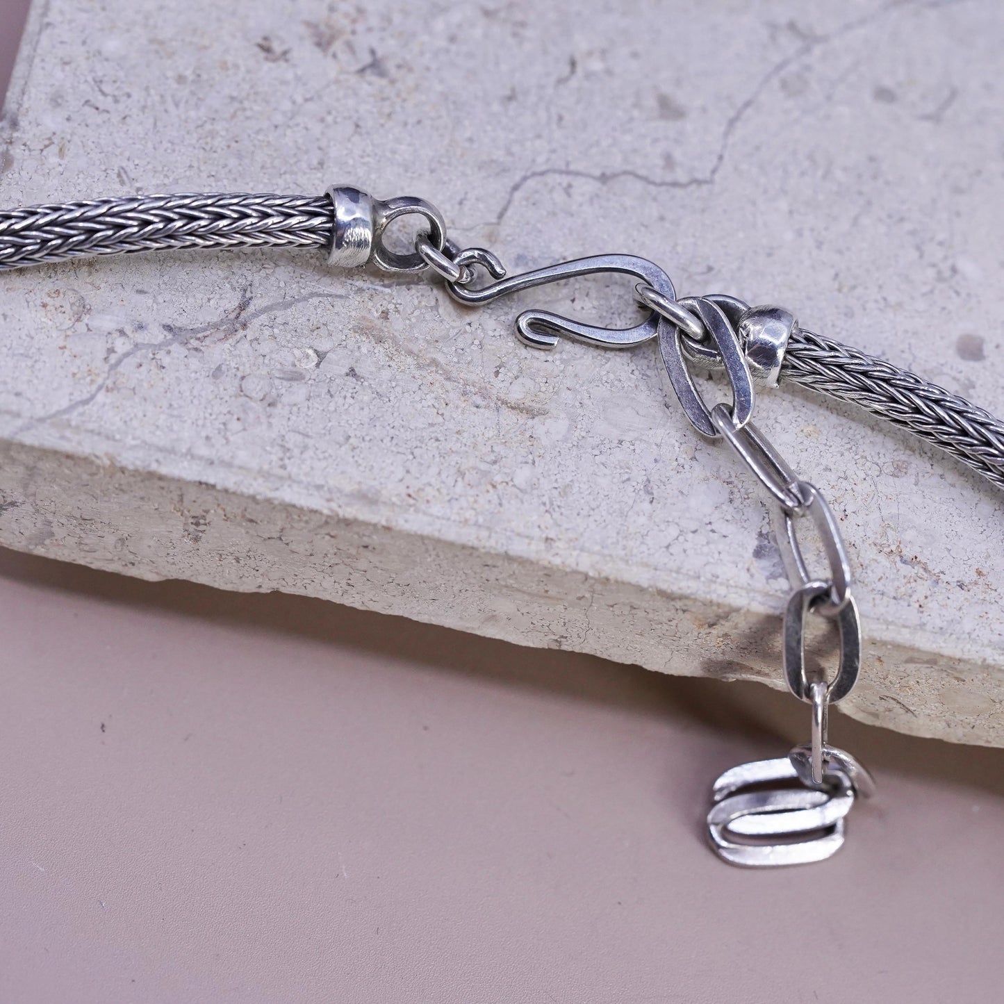 18+3" 4mm, vintage bold Sterling silver necklace, 925 wheat chain beads pendant