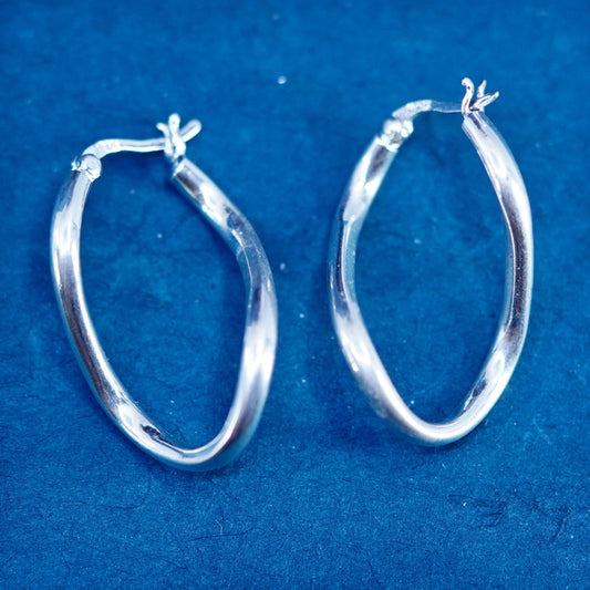 1.25”, vintage Sterling silver handmade oval hoop earrings, Modern 925 huggie
