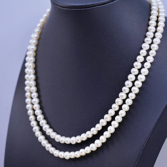 17", Sterling 925 silver double strands necklace 6mm white freshwater pearls