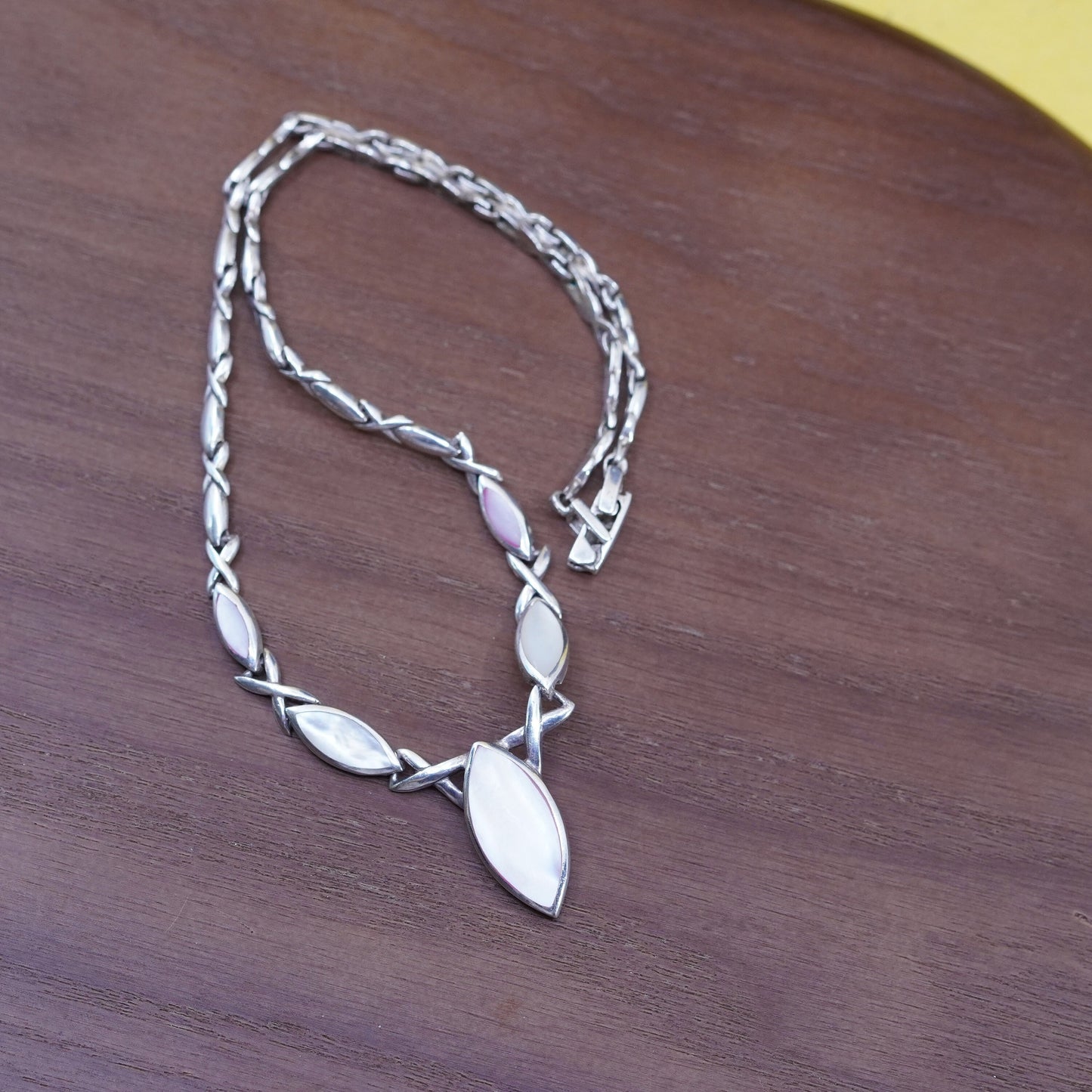 17”, vintage Sterling 925 silver handmade V necklace with mother of pearl