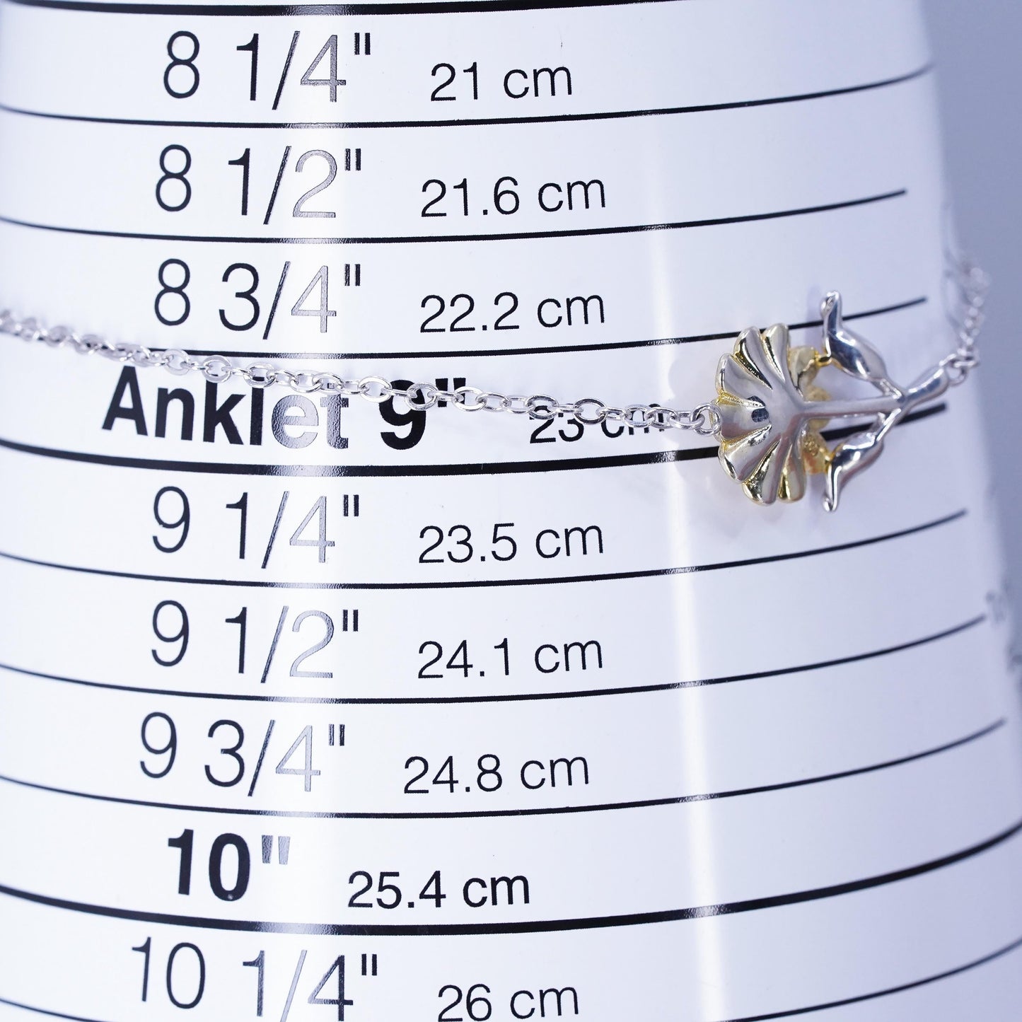 7+2" two tone Sterling Silver Bracelet anklet, 925 Circle chain sunflower charm