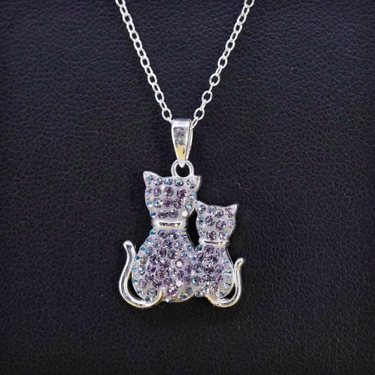 18" Sterling silver necklace motherhood, 925 cluster cz cat mother baby, kitty