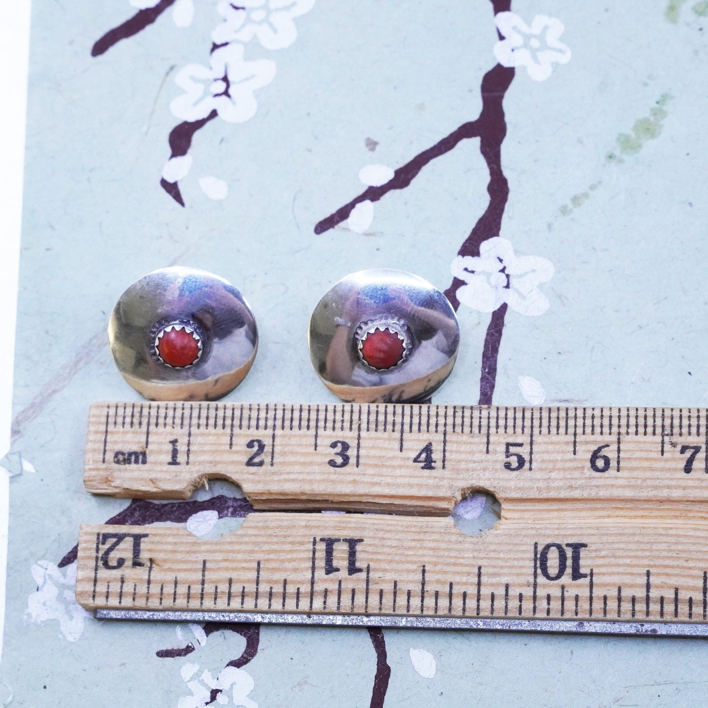 Native American Ernest Wood sterling silver 925 coral studs, handmade earrings
