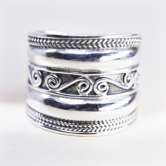 Size 8.5, Wide Sterling Silver Band Ring, Scroll Filigree Ring, Bohemian Unisex