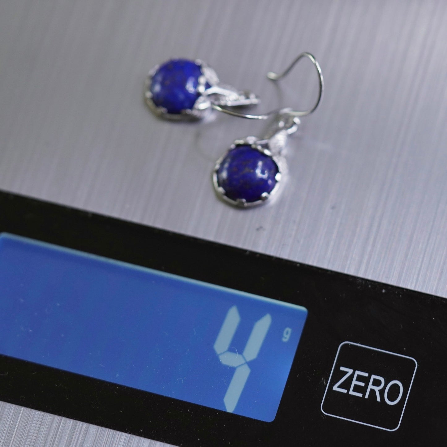 Vintage sterling 925 silver leafy earrings with lapis lazuli bead