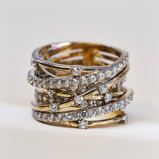 Size 6, VTG gold vermeil Sterling 925 silver entwined wide ring cluster Cz