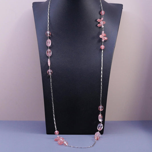 34", Sterling 925 Silver extra long necklace, elongated chain rose pink Quartz