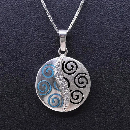 18”, vintage Sterling silver necklace, 925 box chain with swirly tag cz pendant