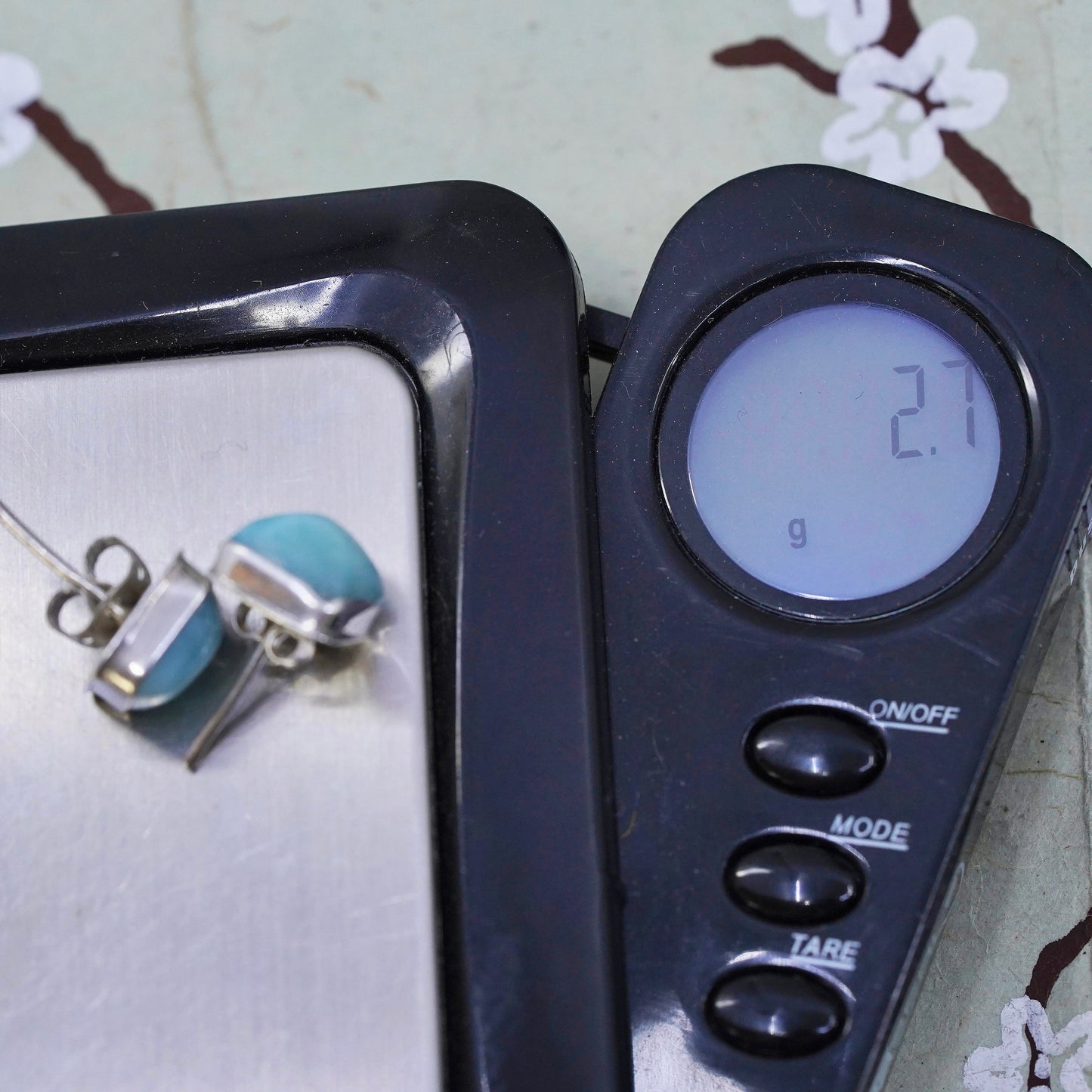 Vintage sterling silver handmade earrings, 925 square studs with Larimar
