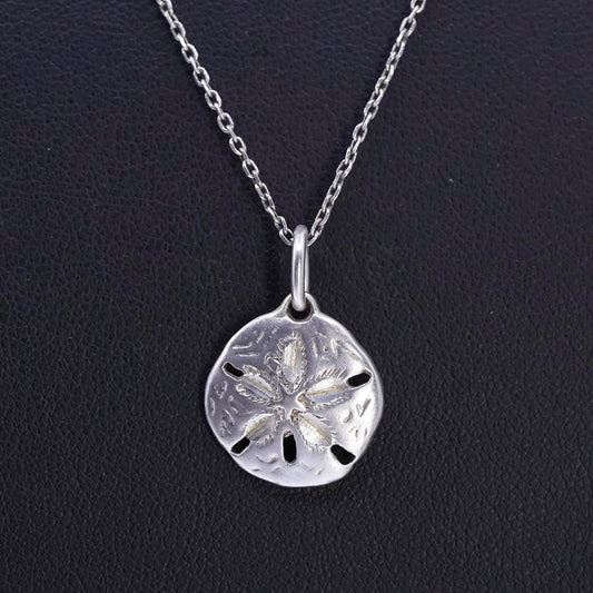 Vintage Sterling silver handmade circle chain necklace, 925 sand dollar pendant