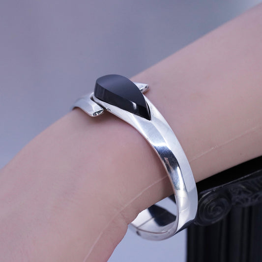 6.75”, VTG Mexican Sterling 925 silver bracelet, hinged bangle teardrop onyx