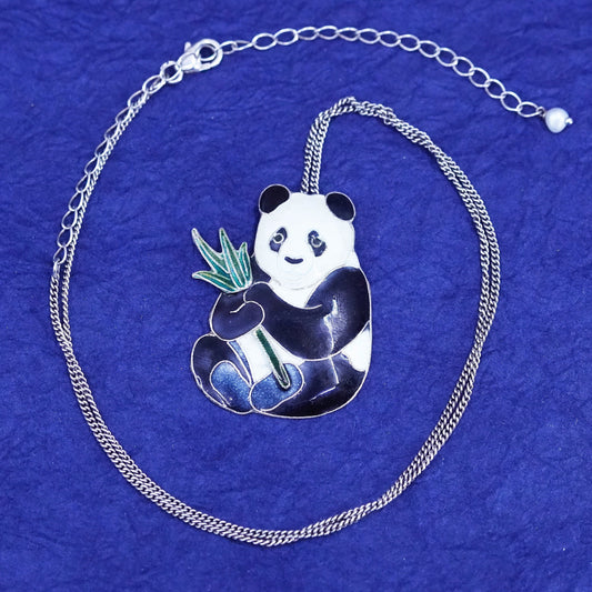 16+4”, sterling silver handmade necklace, 925 curb chain enamel panda pendant