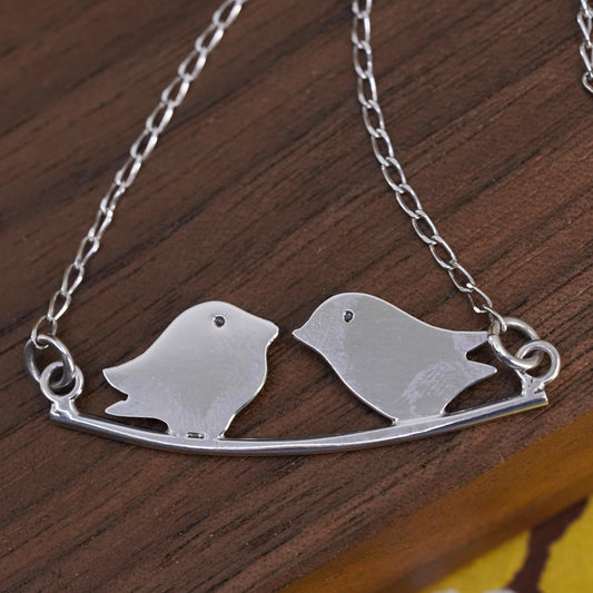 18+2” 1.6mm, vintage Sterling silver necklace, 925 curb chain love bird pendant