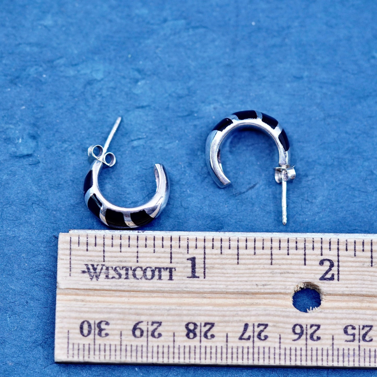 0.75”, vintage Sterling silver handmade earrings, 925 hoops onyx inlay, huggie