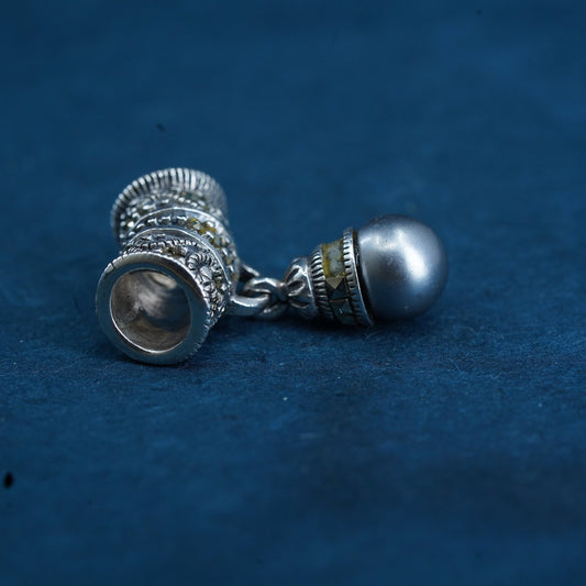 Vintage sterling 925 silver handmade pendant with black pearl and marcasite