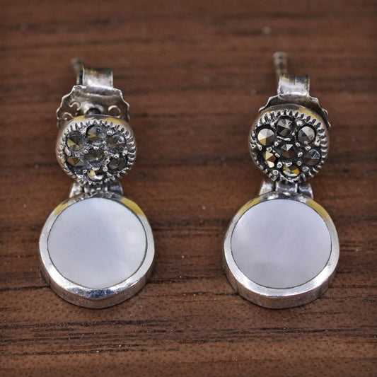Vintage Sterling 925 silver handmade earrings with mother of pearl Marcasite
