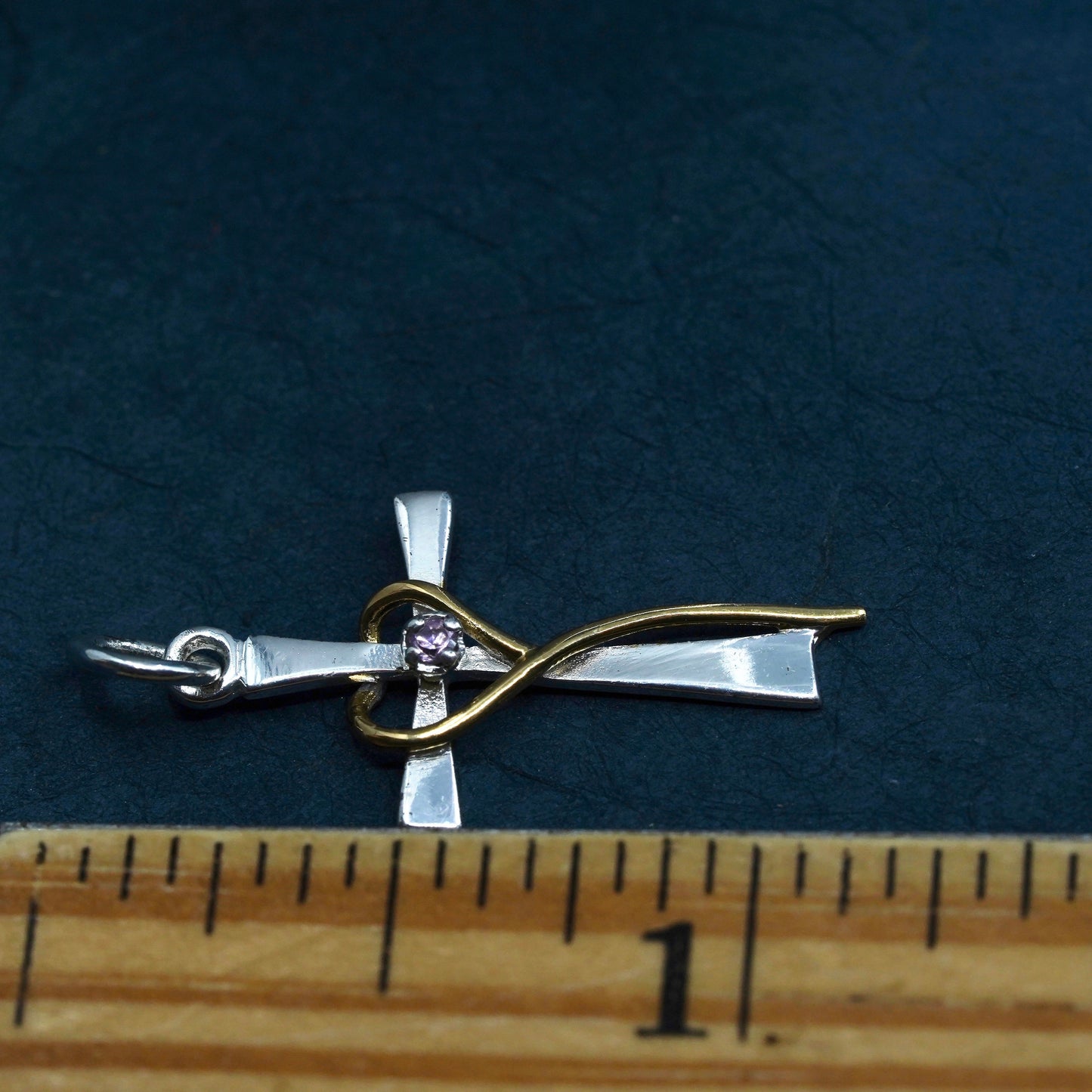 two tone Sterling silver prayer pendant, 925 cross with gold heart and pink cz