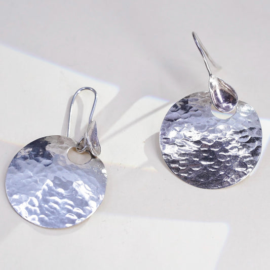 Vintage sterling silver handmade earrings, 925 silver round dangles hammered