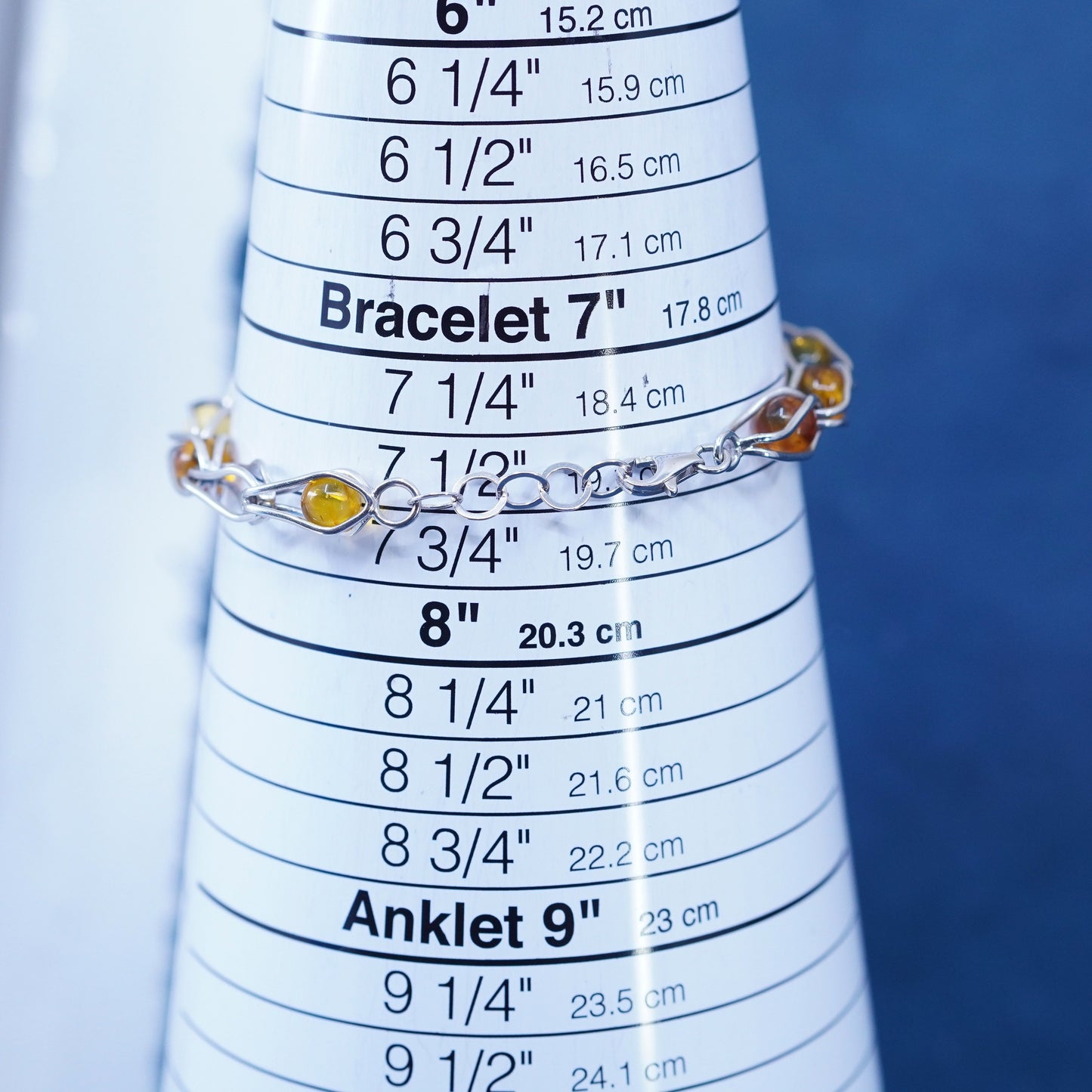 7.5”, vintage sterling silver 925 handmade bracelet with amber beads