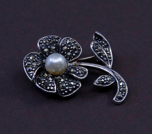 Vintage sterling silver brooch, Solid 925 silver flower with pearl marcasite