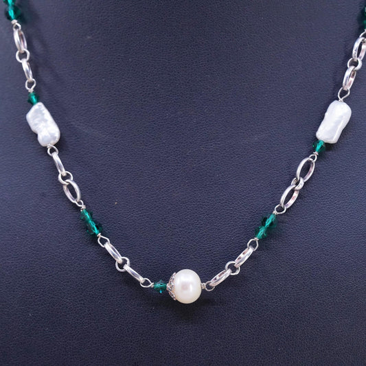 20" Sterling 925 silver necklace with freshwater pearl green crystal beads