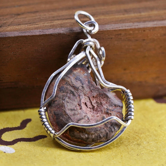 Vintage Sterling silver handmade pendant, solid 925 silver wired fossil shell