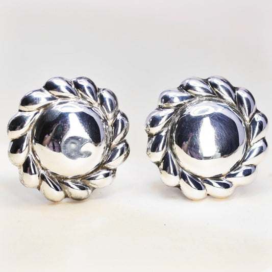 vintage Modern handmade Sterling clip on, 925 round puffy floral earrings