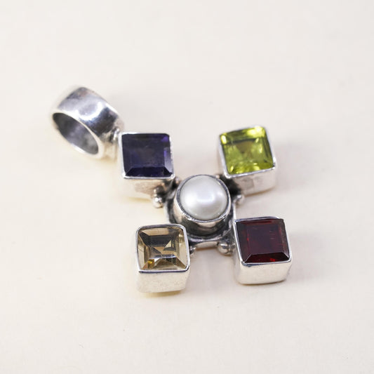 vintage sterling 925 silver handmade pendant w/ citrine peridot pearl amethyst