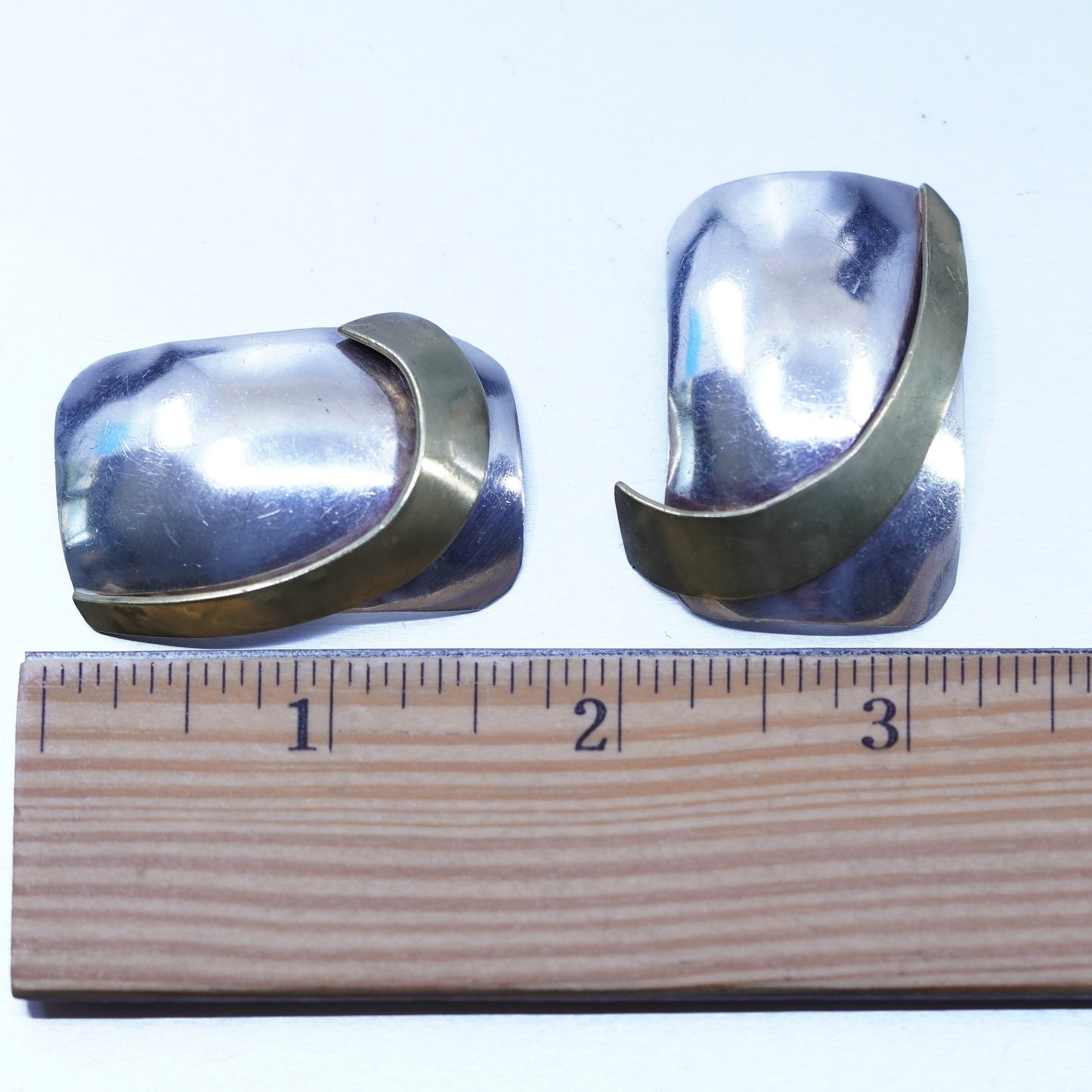 Mexican two tone Sterling 925 silver handmade earrings, clip on w/ brass curve
