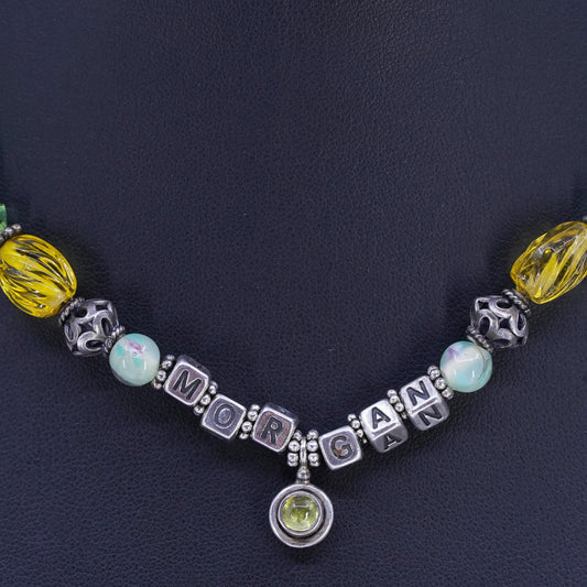 16+2", Sterling Silver 925 necklace green yellow artisan glass beads and Morgan