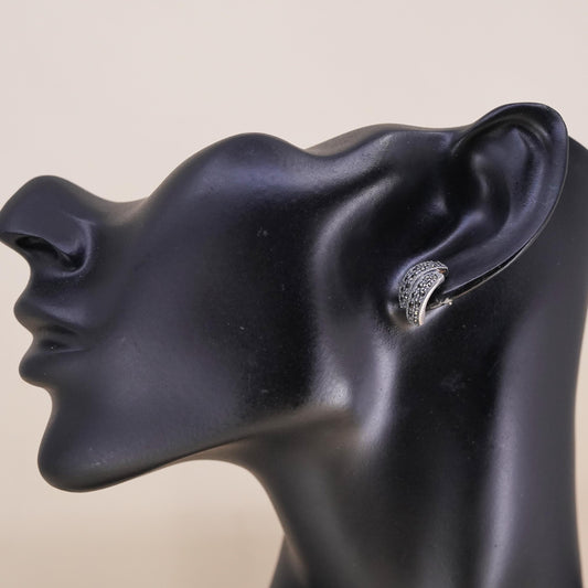 Vintage Sterling 925 silver handmade oval stud with Marcasite, single earring