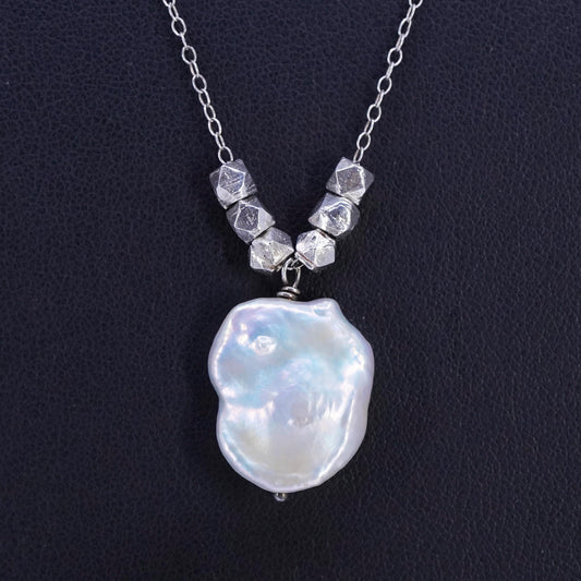 16+3", vintage Sterling 925 silver circle chain necklace Baroque pearl pendant