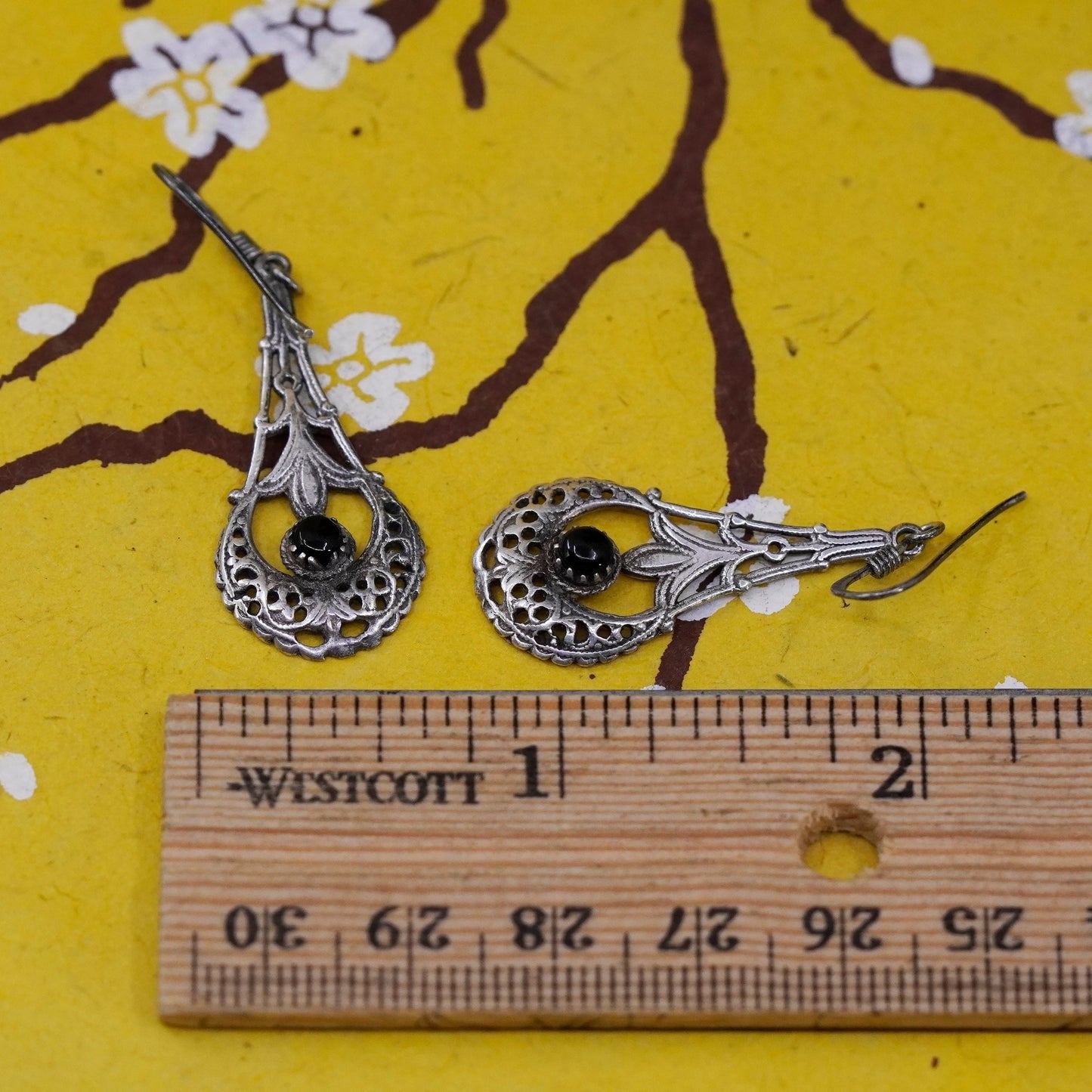 Vintage Sterling silver handmade earrings, 925 Filigree teardrop drops w/ onyx