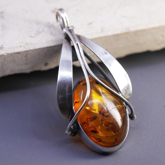 Vintage southwestern sterling silver handmade teardrop pendant 925 amber brooch