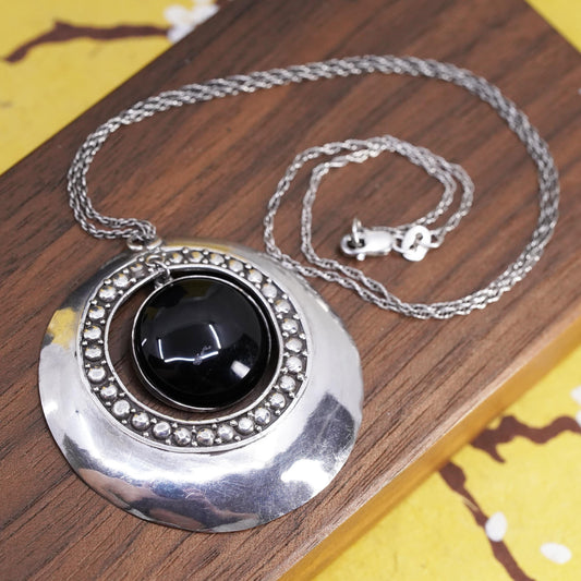 18” sterling silver 925 Singapore rope necklace circle disc pendant onyx
