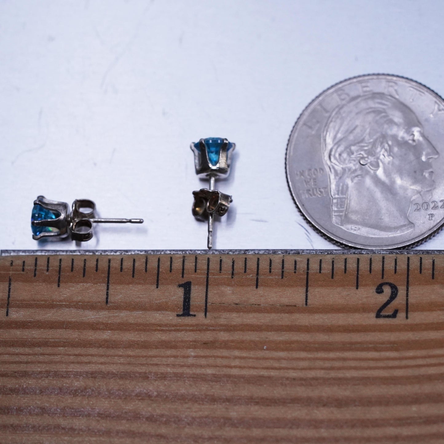 4mm, Vintage Sterling 925 silver handmade earrings, blue cz studs