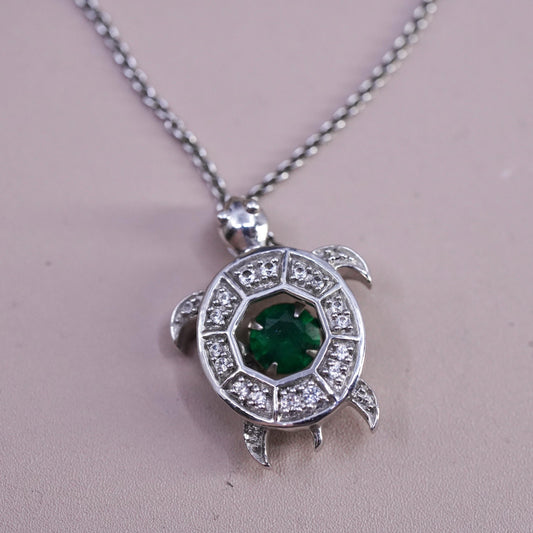 18" Sterling 925 silver circle necklace cluster diamonds emerald turtle pendant
